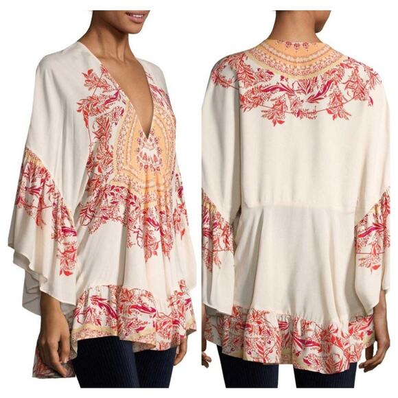 Free People Cream Sunset Dreams Tunic Flutter Sleeve Sand XS Bohemian Festival - Picture 1 of 7